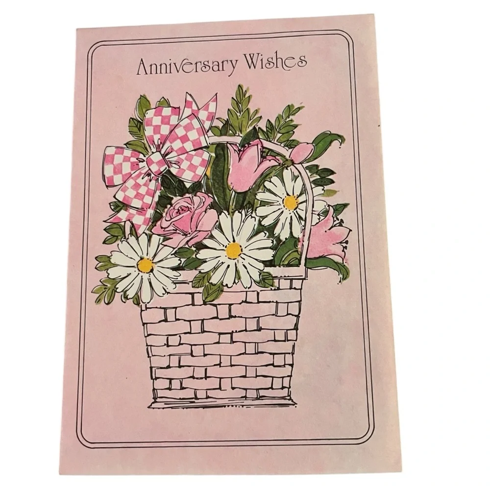 Unused Vintage Greeting Card Anniversary Wishes Pink Floral Basket Ephemera